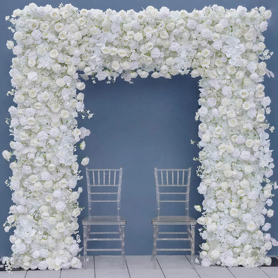 8ft LUXE White Rose, Hydrangea, Orchid & Baby's Breath Mixed Square Floral Arch with Optional Pipe Kit Frame