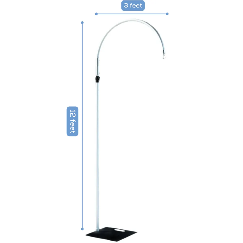 3ft W x 10ft H – Curved Aluminum Chandelier Hanger with Coupler and Heavy Steel Base