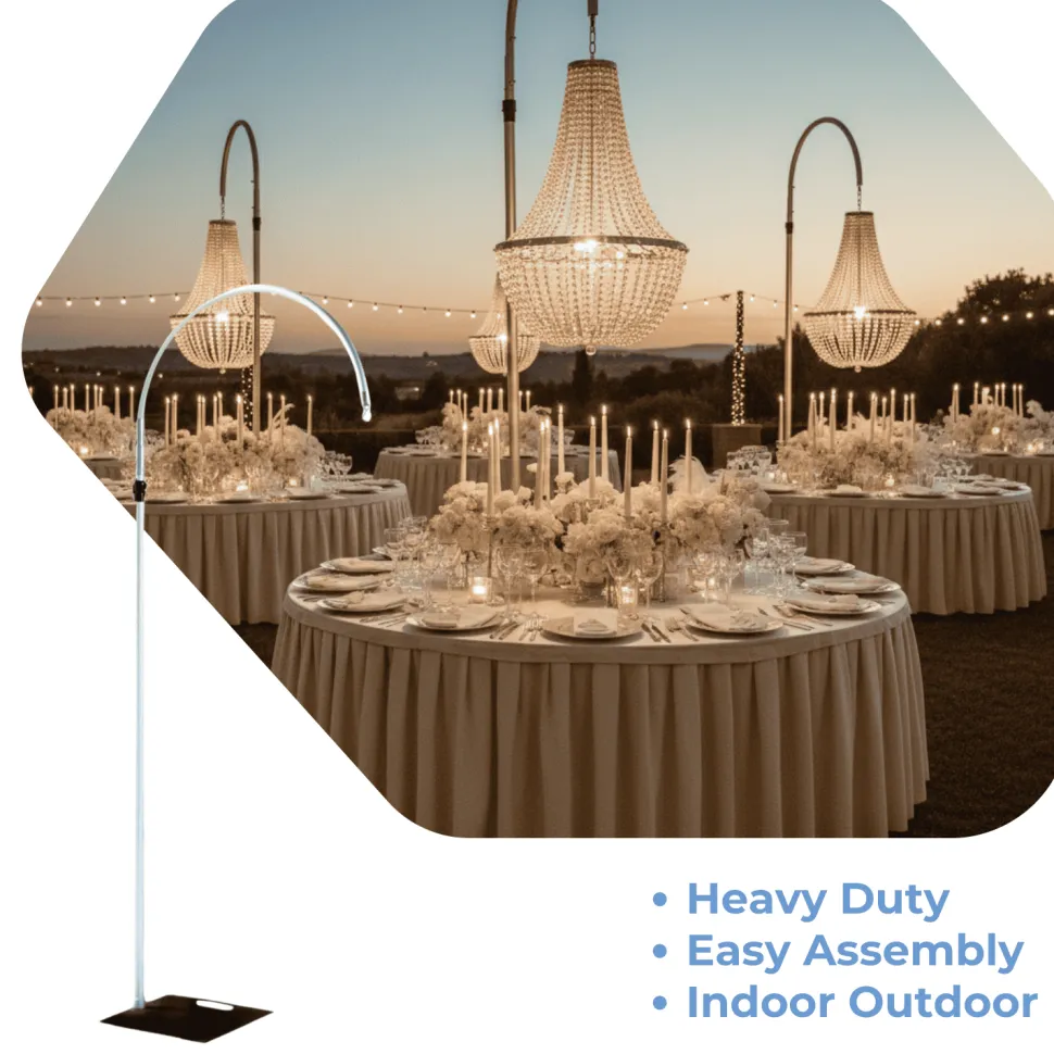 3ft W x 10ft H – Curved Aluminum Chandelier Hanger with Coupler and Heavy Steel Base
