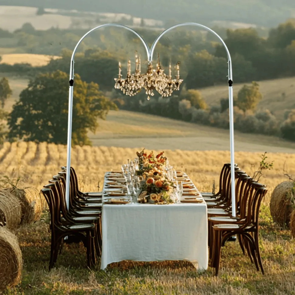 3ft W x 10ft H – Curved Aluminum Chandelier Hanger with Coupler and Heavy Steel Base