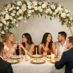 6ft W x 4ft H – Gold Metal Over-the-Table Rod Stand with Round Top Balloon & Floral Arch and Clamps
