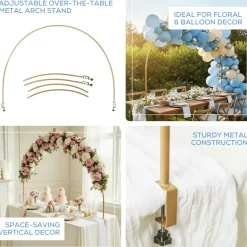 6ft W x 4ft H – Gold Metal Over-the-Table Rod Stand with Round Top Balloon & Floral Arch and Clamps
