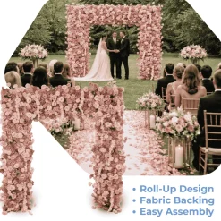 8ft x 8ft Dusty Rose Roll-Up Flower Backdrop for Arch Stand – Silk Roses, Hydrangeas & Chrysanthemums with Fabric Backing
