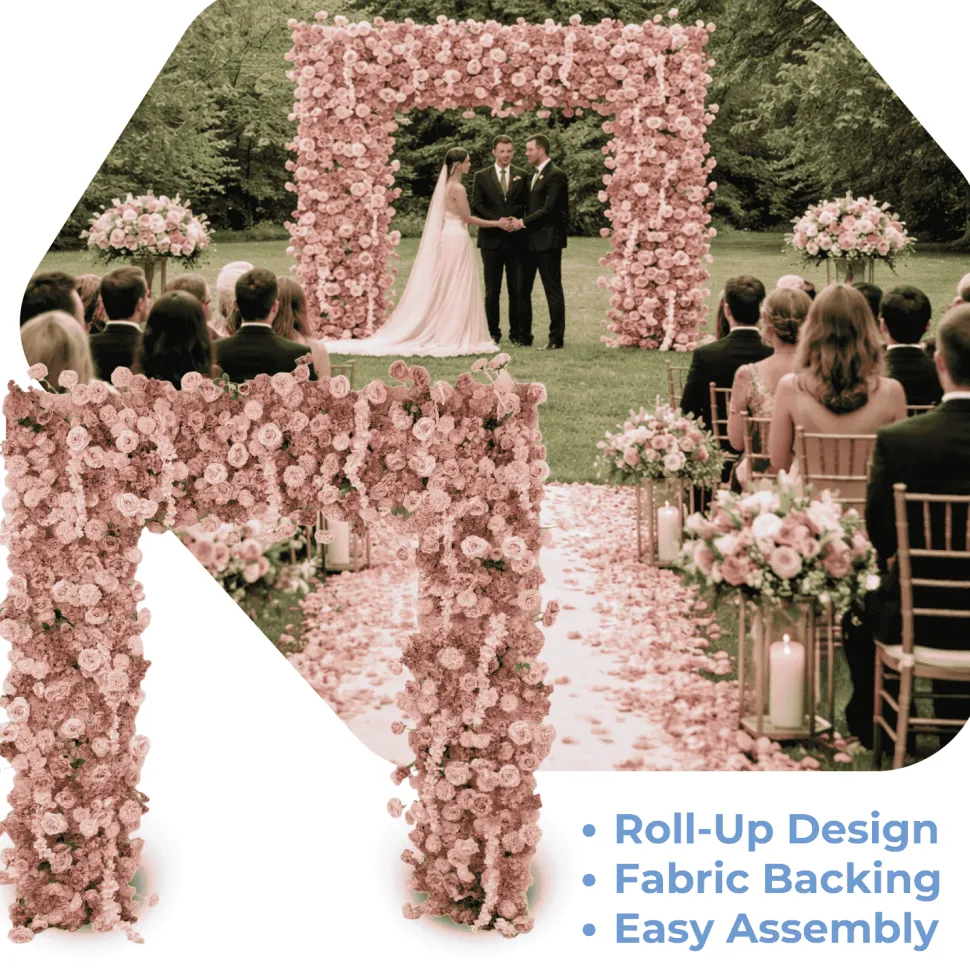 8ft x 8ft Dusty Rose Roll-Up Flower Backdrop for Arch Stand – Silk Roses, Hydrangeas & Chrysanthemums with Fabric Backing