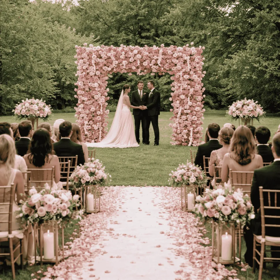 8ft x 8ft Dusty Rose Roll-Up Flower Backdrop for Arch Stand – Silk Roses, Hydrangeas & Chrysanthemums with Fabric Backing