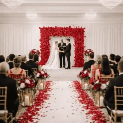 8ft x 8ft Red Roll-Up Flower Backdrop for Arch Stand – Silk Roses, Hydrangeas & Chrysanthemums with Fabric Backing