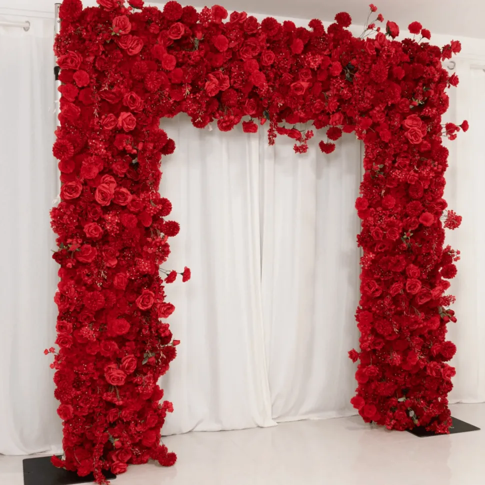 8ft x 8ft Red Roll-Up Flower Backdrop for Arch Stand – Silk Roses, Hydrangeas & Chrysanthemums with Fabric Backing