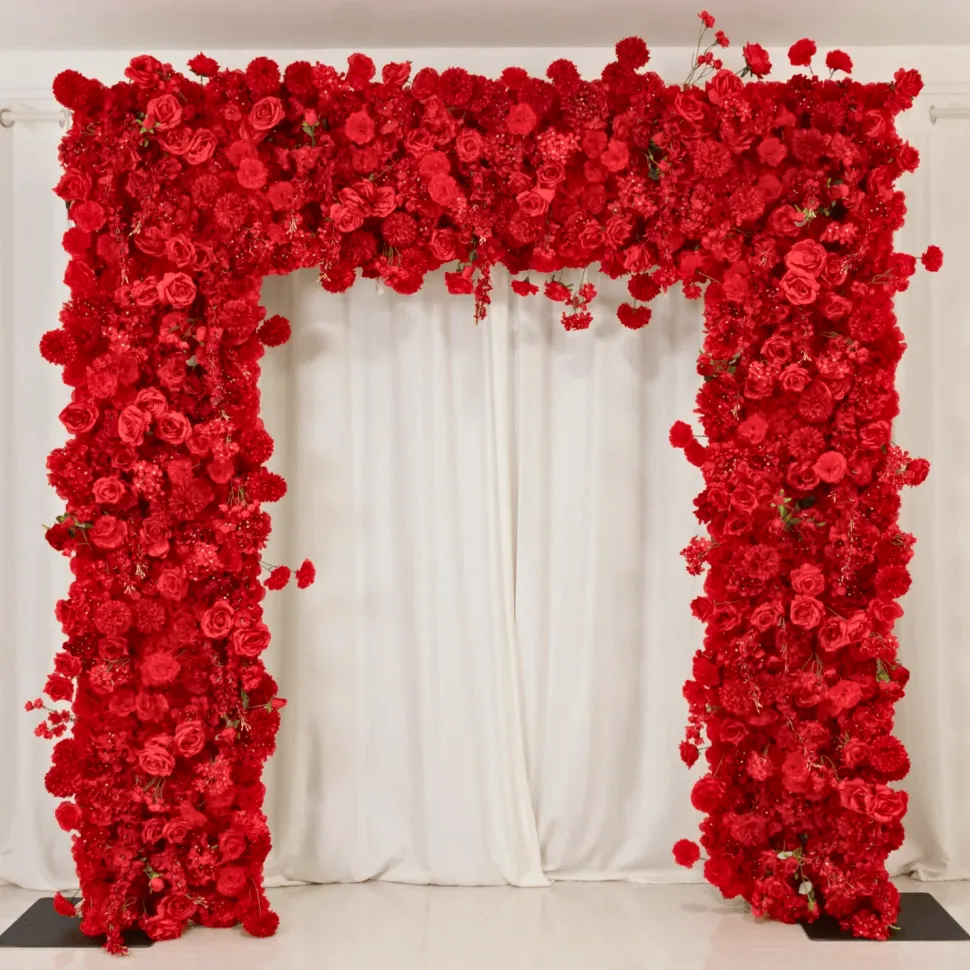 8ft x 8ft Red Roll-Up Flower Backdrop for Arch Stand – Silk Roses, Hydrangeas & Chrysanthemums with Fabric Backing
