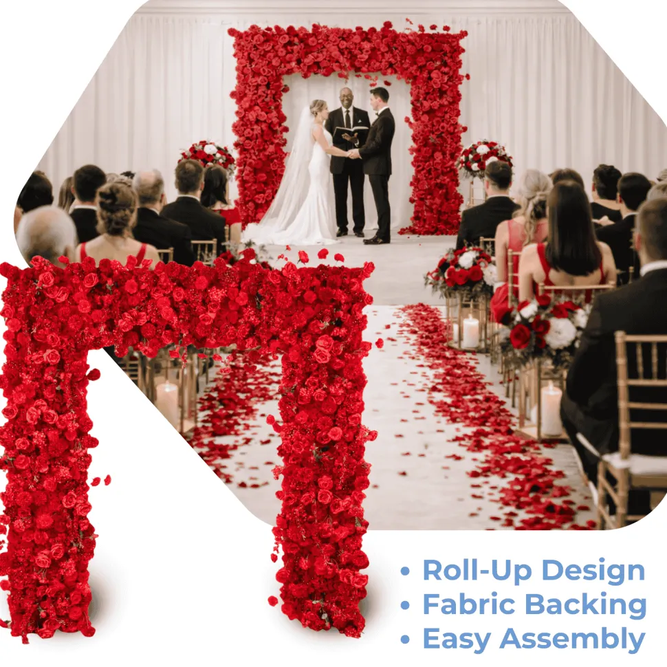 8ft x 8ft Red Roll-Up Flower Backdrop for Arch Stand – Silk Roses, Hydrangeas & Chrysanthemums with Fabric Backing