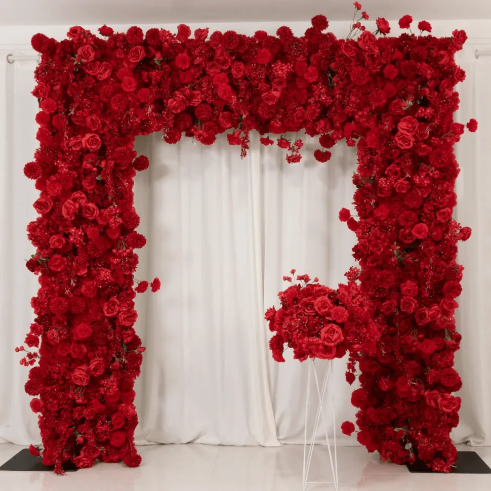 8ft x 8ft Red Roll-Up Flower Backdrop for Arch Stand – Silk Roses, Hydrangeas & Chrysanthemums with Fabric Backing