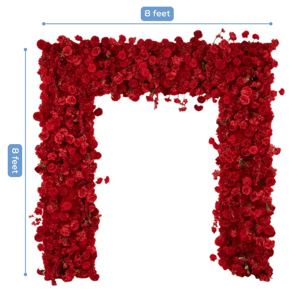 8ft x 8ft Red Roll-Up Flower Backdrop for Arch Stand – Silk Roses, Hydrangeas & Chrysanthemums with Fabric Backing