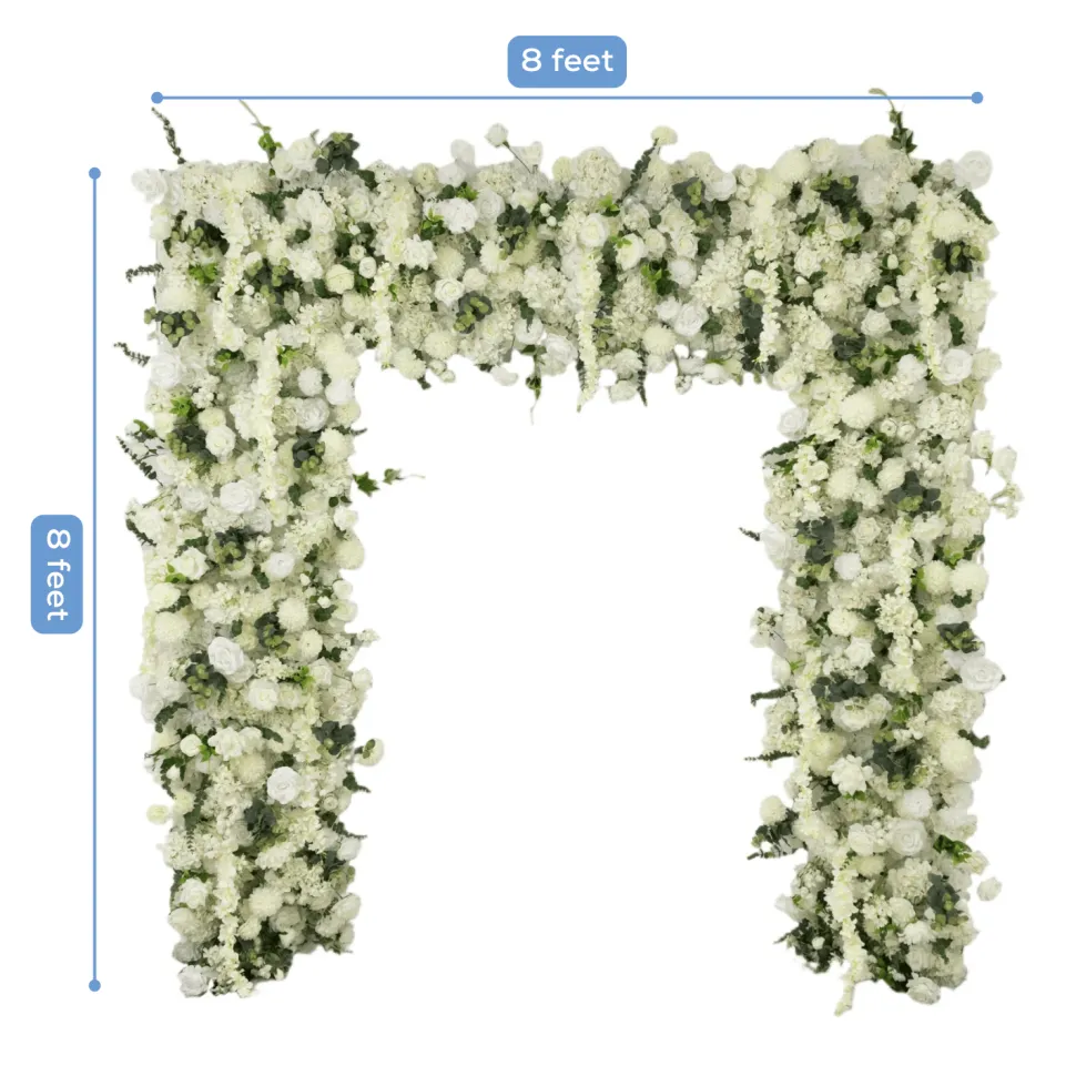 8ft x 8ft White Roll-Up Flower Backdrop for Arch Stand – Silk Roses, Hydrangeas & Chrysanthemums with Fabric Backing