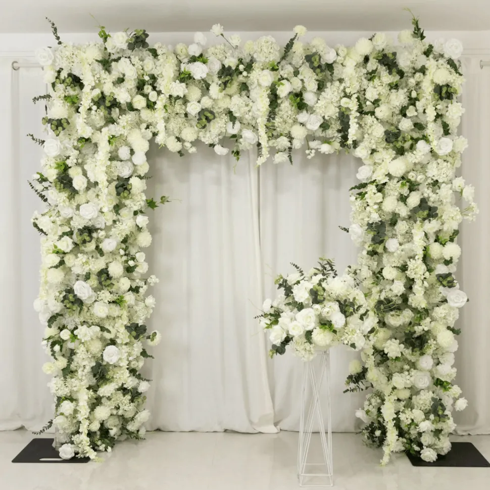 8ft x 8ft White Roll-Up Flower Backdrop for Arch Stand – Silk Roses, Hydrangeas & Chrysanthemums with Fabric Backing