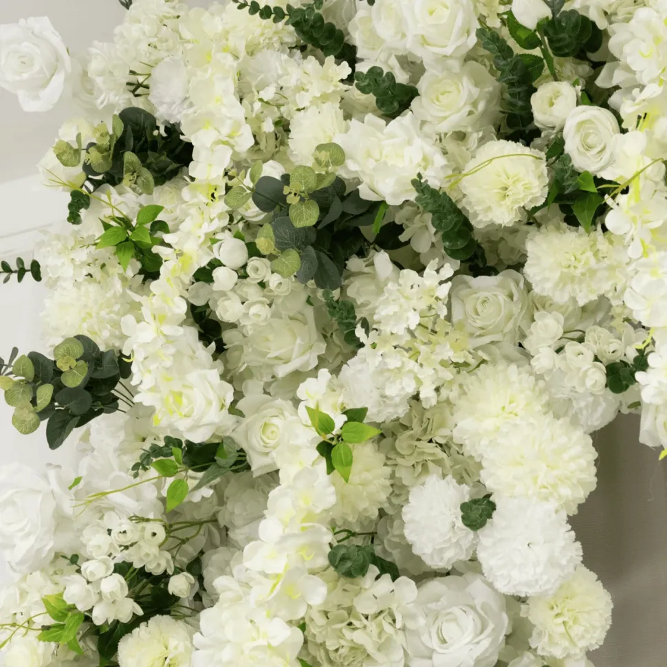 8ft x 8ft White Roll-Up Flower Backdrop for Arch Stand – Silk Roses, Hydrangeas & Chrysanthemums with Fabric Backing