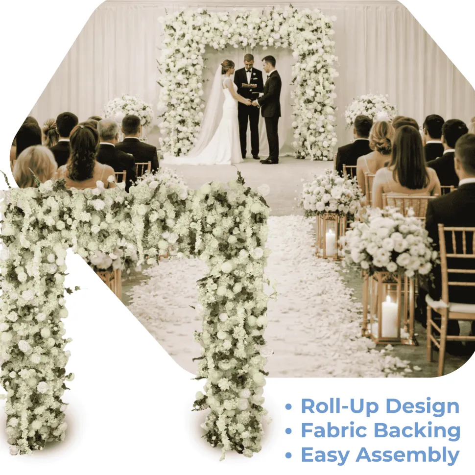 8ft x 8ft White Roll-Up Flower Backdrop for Arch Stand – Silk Roses, Hydrangeas & Chrysanthemums with Fabric Backing