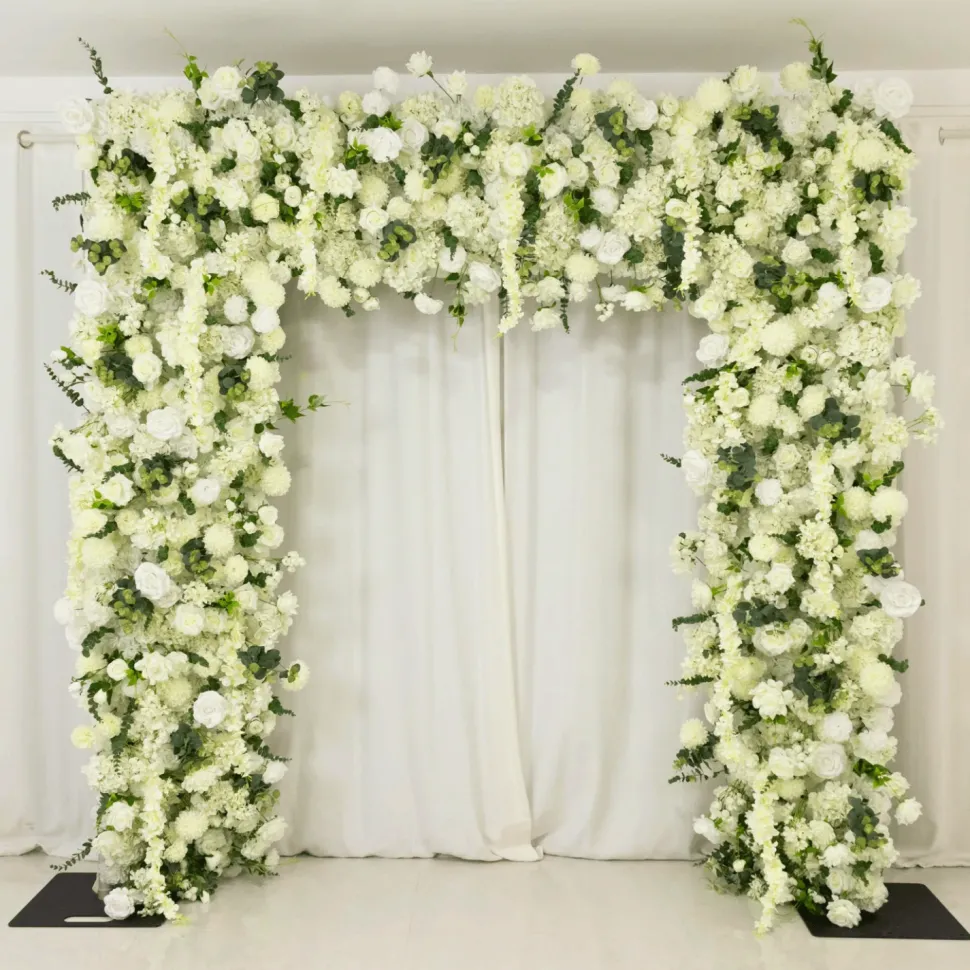 8ft x 8ft White Roll-Up Flower Backdrop for Arch Stand – Silk Roses, Hydrangeas & Chrysanthemums with Fabric Backing