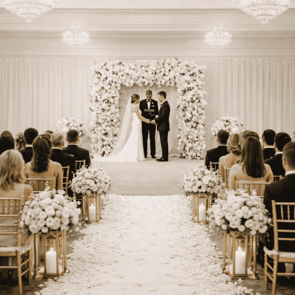 8ft x 8ft White Roll-Up Flower Backdrop for Arch Stand – Silk Roses, Hydrangeas & Chrysanthemums with Fabric Backing