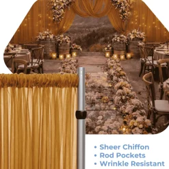 Gold Sheer Chiffon Valance Curtain – Curved Backdrop Swag Topper with Rod Pocket (4ft Wide x 4ft, 5ft, 6ft Height Options)