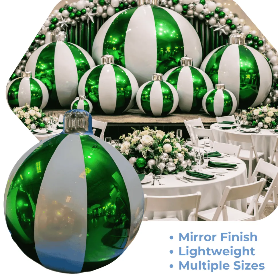 Green Giant Inflatable Striped Ornament Sphere – Maxorb™ Reflective Holiday Ceiling Decor – Commercial Installation Sizes