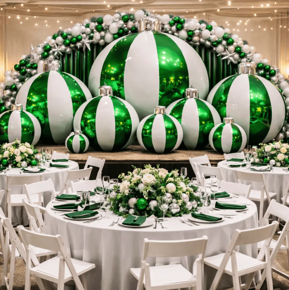 Green Giant Inflatable Striped Ornament Sphere – Maxorb™ Reflective Holiday Ceiling Decor – Commercial Installation Sizes