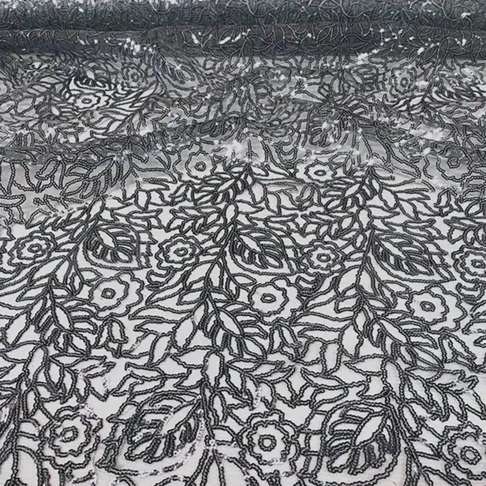 Grey - Fancy Leaf Sequin Overlay by Eastern Mills - Many Size Options