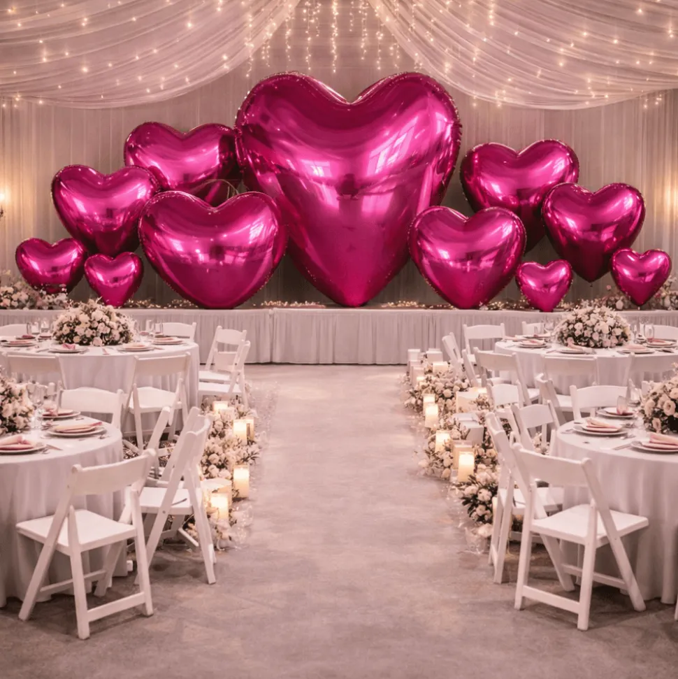 Hot Pink Giant Inflatable Mirror Heart – Maxorb™ Reflective Hanging Event Decor – Commercial Installation Sizes