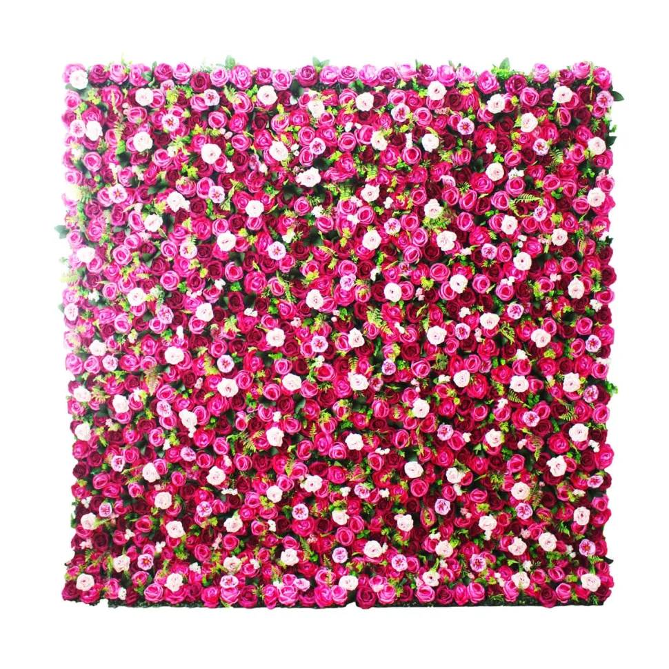 Hot Pink, Red & White Mixed Florals w/ Greenery - Curtain Style Floral Wall - Easy Install! Select Size
