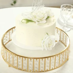 14 Inches Round – Crystal Cake Stand with Hanging Bead Accents & Glass Top (Gold or Silver Metal Options)