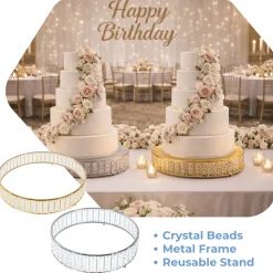 14 Inches Round – Crystal Cake Stand with Hanging Bead Accents & Glass Top (Gold or Silver Metal Options)