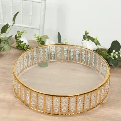 14 Inches Round – Crystal Cake Stand with Hanging Bead Accents & Glass Top (Gold or Silver Metal Options)
