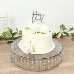 14 Inches Round – Crystal Cake Stand with Hanging Bead Accents & Glass Top (Gold or Silver Metal Options)