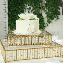 14 Inches Square – Crystal Cake Stand with Hanging Bead Accents & Glass Top (Gold or Silver Metal Options)
