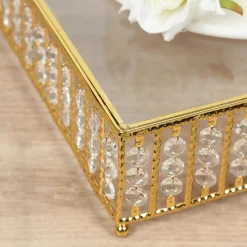 14 Inches Square – Crystal Cake Stand with Hanging Bead Accents & Glass Top (Gold or Silver Metal Options)