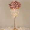 38 Inches 4-Tier Crystal Pendant Table Centerpiece Chandelier Gold Metal Floral Stand with Round Base & Hanging Strips