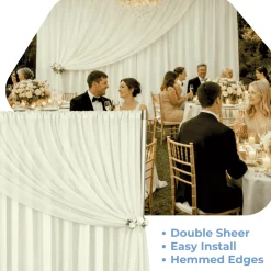 Ivory Double Sheer Backdrop Drape – 10ft Height x 10ft Wide Chiffon & Polyester Dual Layer Event Divider Curtain with Rod Pockets