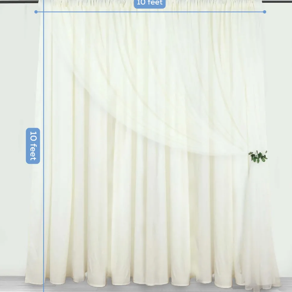Ivory Double Sheer Backdrop Drape – 10ft Height x 10ft Wide Chiffon & Polyester Dual Layer Event Divider Curtain with Rod Pockets