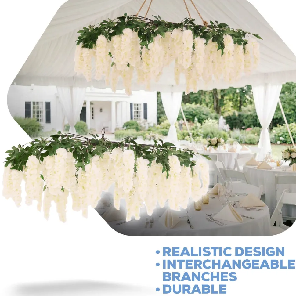 Ivory Wisteria Hanging Floral Chandelier w/ Green Leaves | ModTree™ Collection
