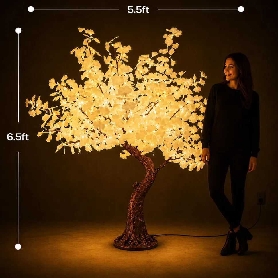 Lighted Grand Centerpiece or Floor Ginkgo LED Tree - AC Adapter - 672 LEDs - Warm White- 6.5FT Tall