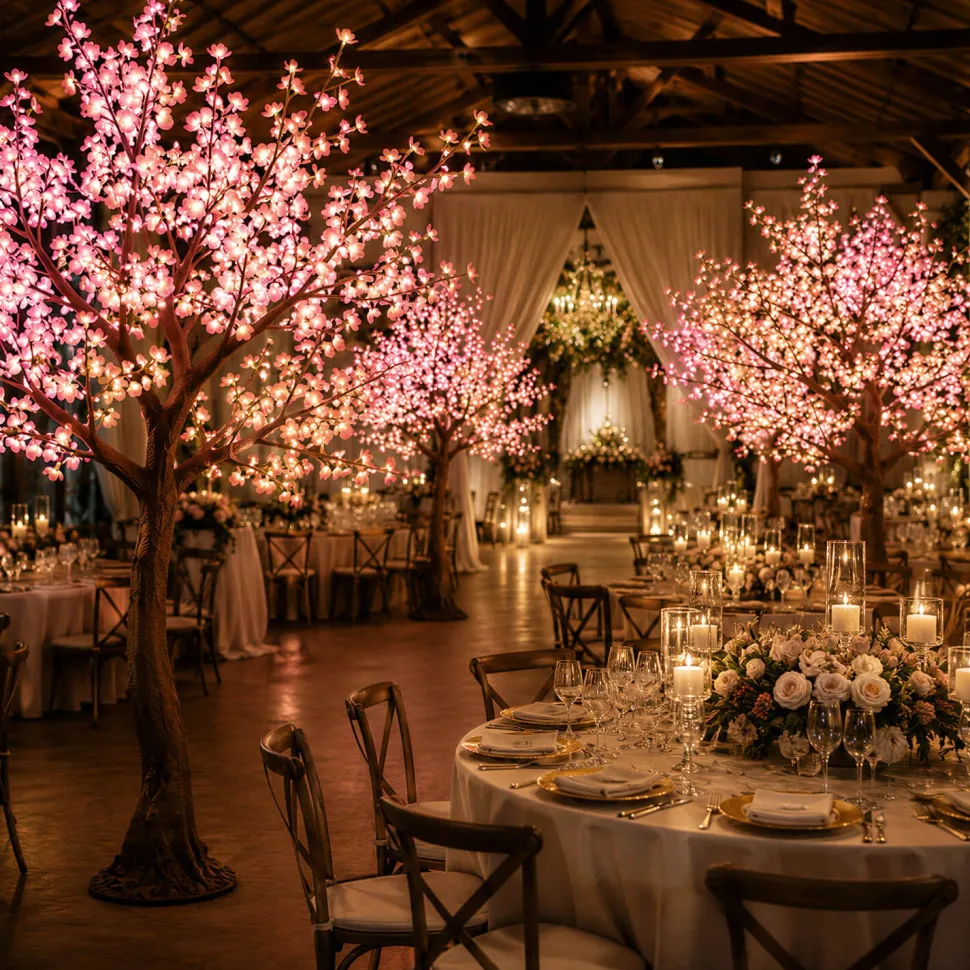 Lighted Light Pink Cherry Blossom Flower LED Tree - AC Adapter - 1200 LEDs - Warm White - 9FT Tall