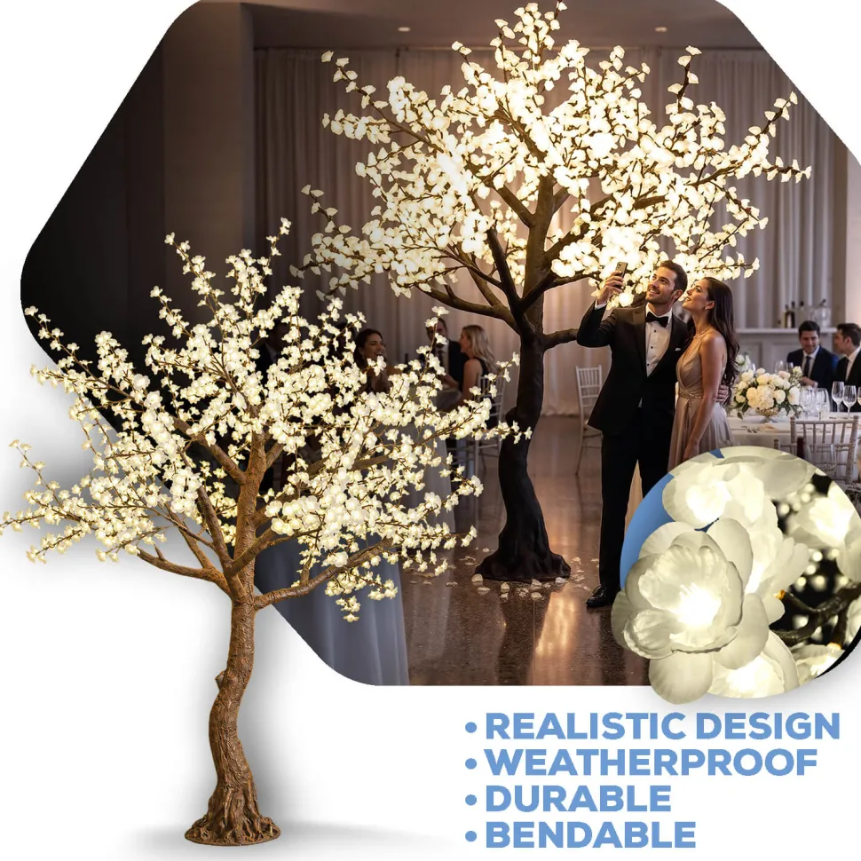 Lighted White Cherry Blossom Flower LED Tree - AC Adapter - 1200 LEDs - Warm White - 9FT Tall