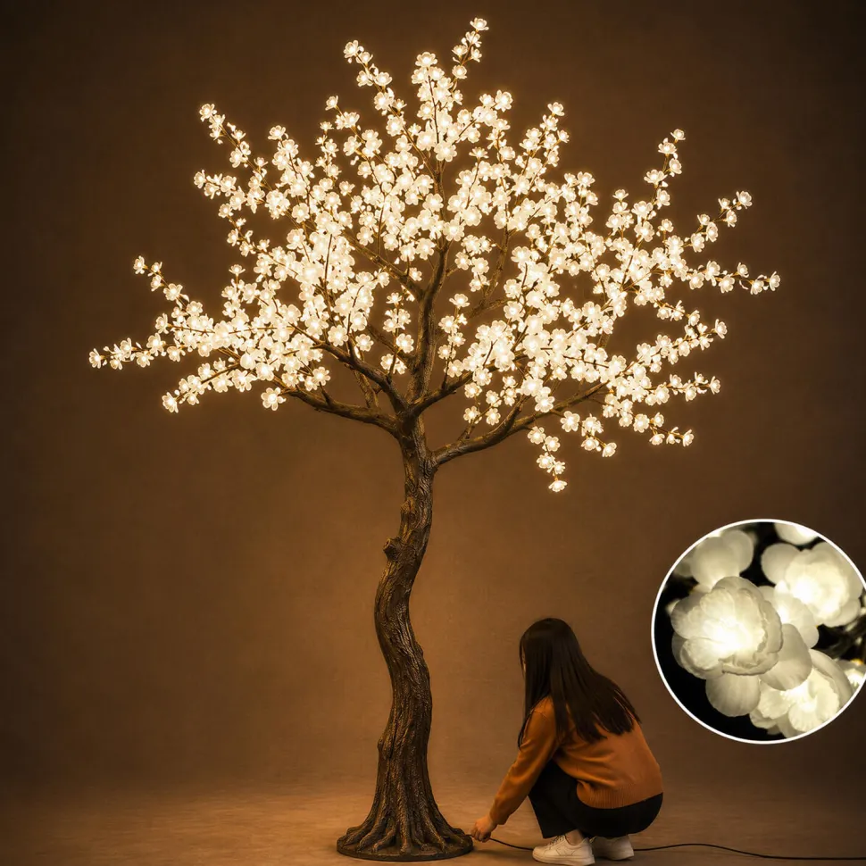 Lighted White Cherry Blossom Flower LED Tree - AC Adapter - 1200 LEDs - Warm White - 9FT Tall