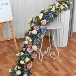 LUXE Blue & Pink Rose with Greenery Mixed Table Runner - 78 Inches