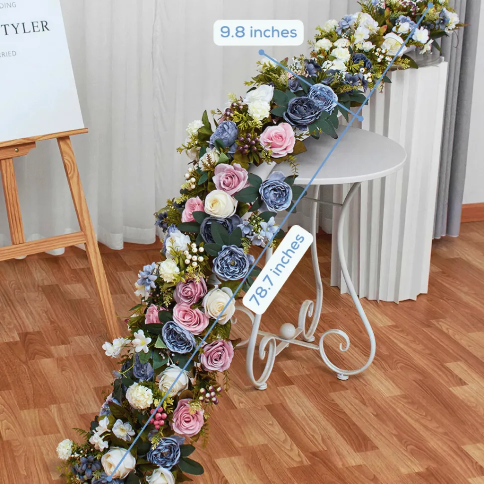 LUXE Blue & Pink Rose with Greenery Mixed Table Runner - 78 Inches