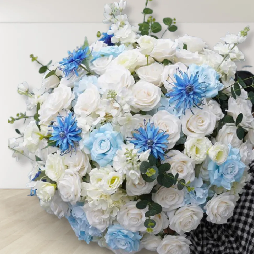 LUXE Blue White Rose & Baby's Breath Mixed Table Centerpiece - 28 Inches