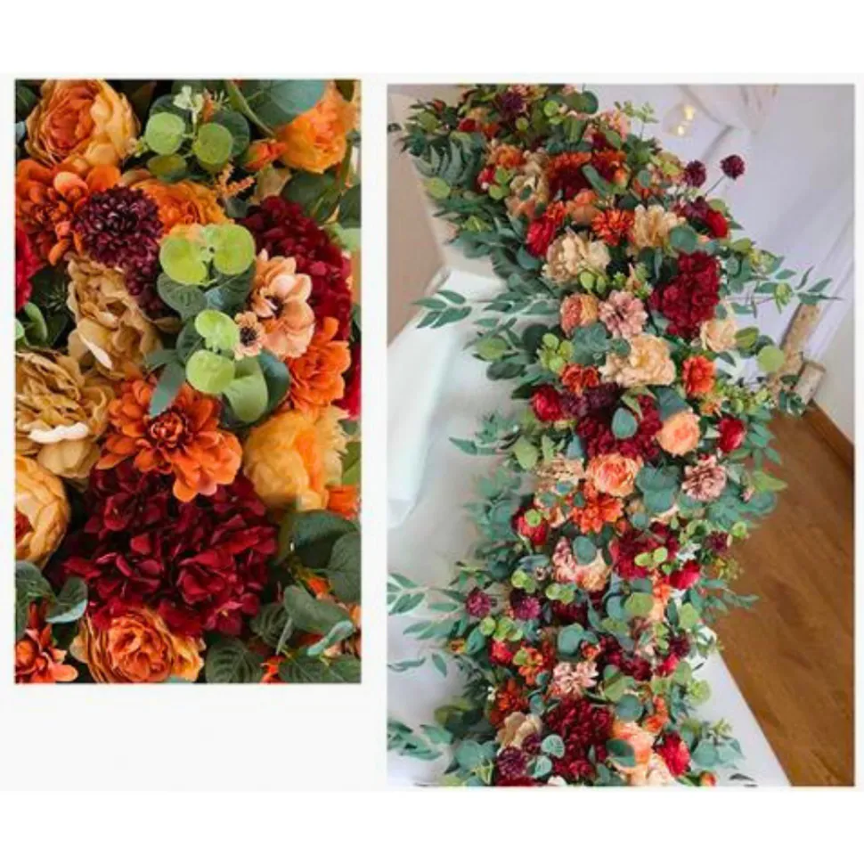 LUXE Burgundy Rose & Eucalyptus Leaves Mixed Table Runner - 79 Inches