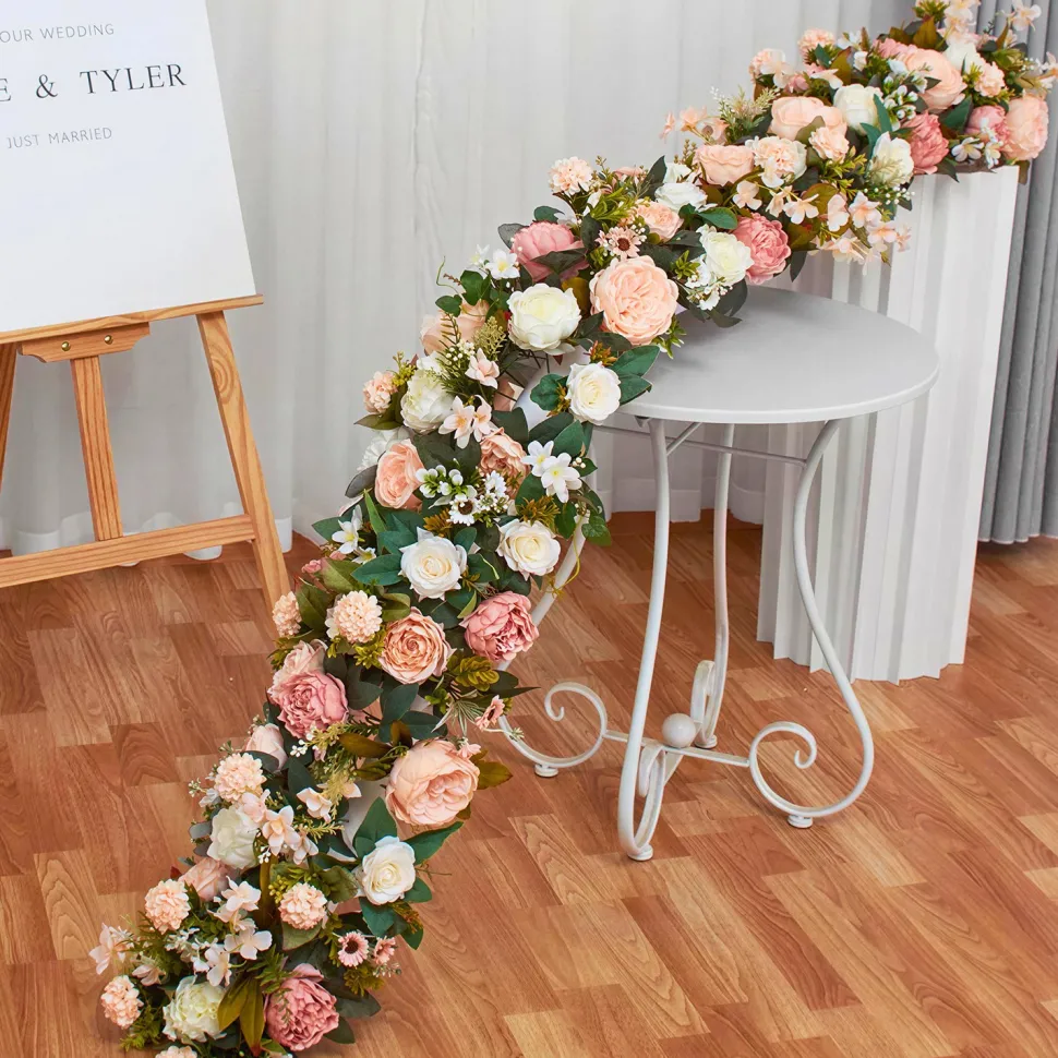 LUXE Champagne Rose with Greenery Mixed Table Runner - 78 Inches