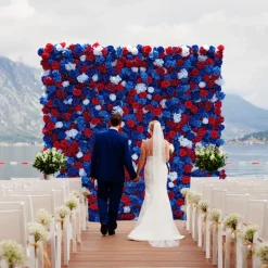 Luxe 5D Deep Blue & Red Hydrangea Floral Wall - Roll Up Curtain Style - Easy Install! Select Size