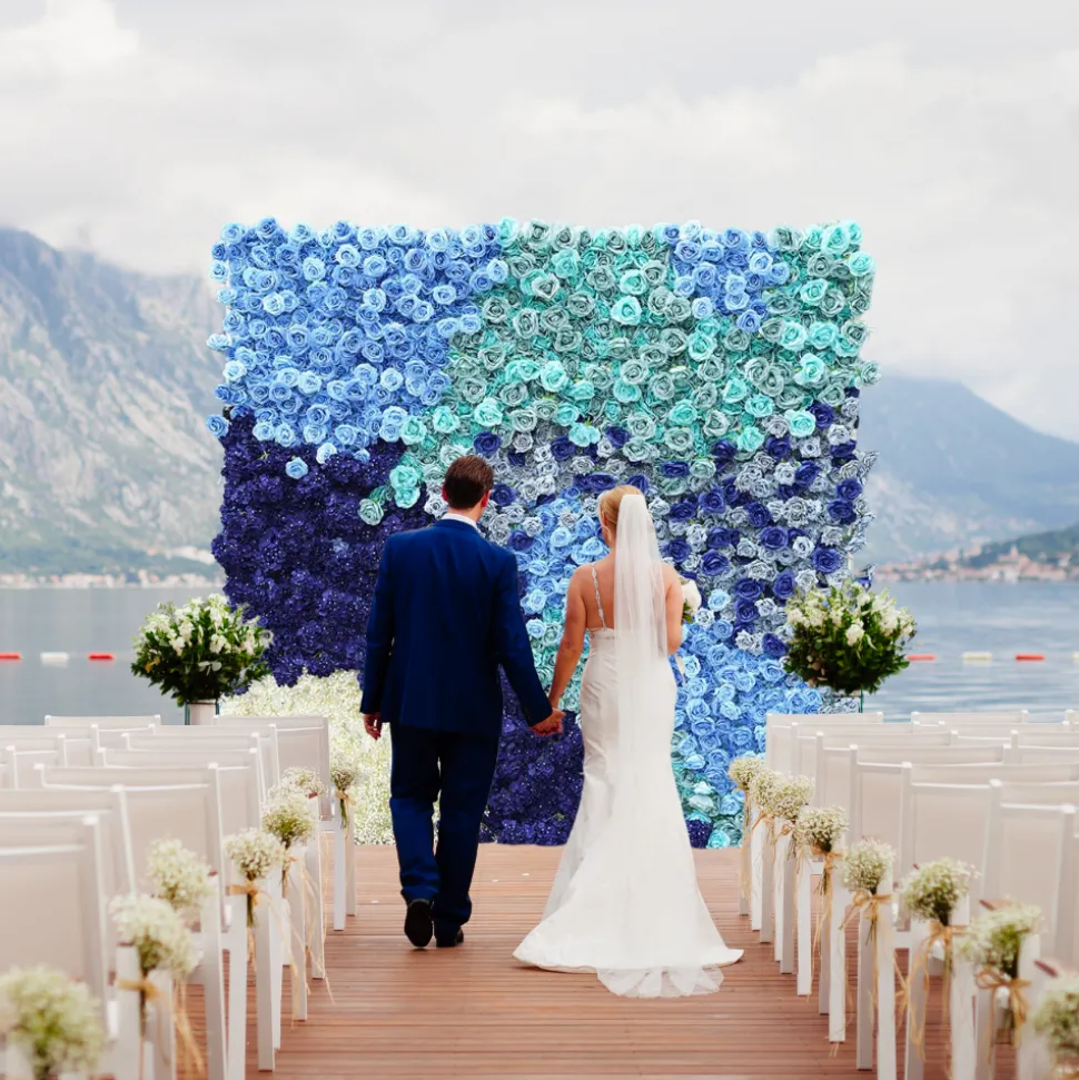 Luxe 5D Gradient Blue Rose & Hydrangea Floral Wall - Roll Up Curtain Style - Easy Install! Select Size