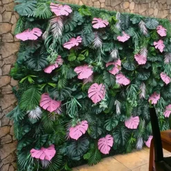 Luxe 3D Green Lawn Milan Turf With Pink Turtle Leaf Plant Wall - Roll Up Curtain Style - Easy Install! Select Size