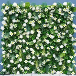 Luxe 5D White Lily & Chrysanthemum & Green Palm Leaf Floral Wall - Roll Up Curtain Style - Easy Install! Select Size